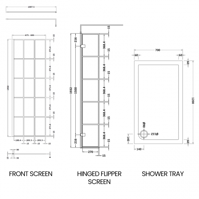 Delphi Accents Grid Wet Room Screen with Hinged Return 1200mm x 700mm (inc White Tray)  | Dimension Image