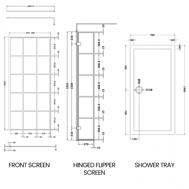 Delphi Accents Grid Wet Room Screen with Hinged Return 1400mm x 700mm (inc White Tray)  | Dimension Image