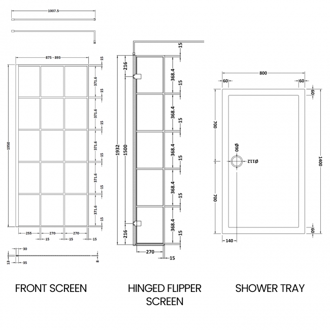 Delphi Accents Grid Wet Room Screen with Hinged Return 1400mm x 800mm (inc Slate Grey Tray)  | Dimension Image