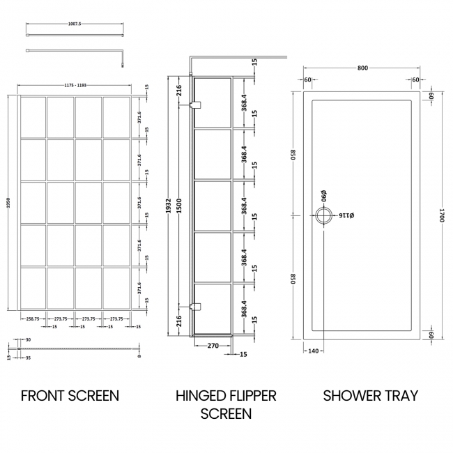 Delphi Accents Grid Wet Room Screen with Hinged Return 1700mm x 800mm (inc White Tray)  | Dimension Image
