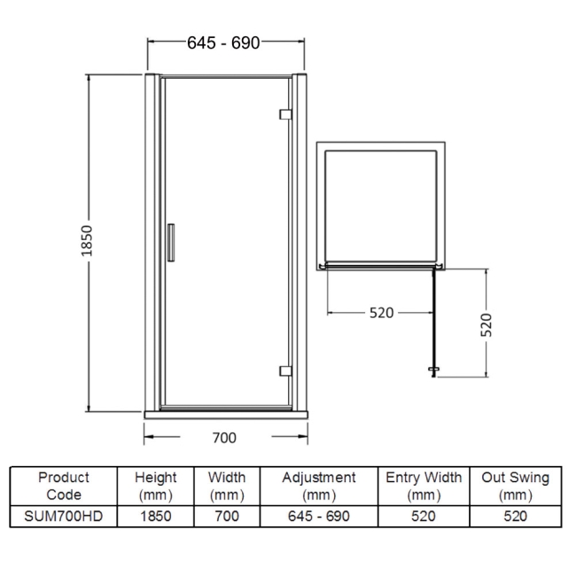 Delphi Advantage Hinged Shower Door 700mm Wide - 6mm Glass  | Dimension Image