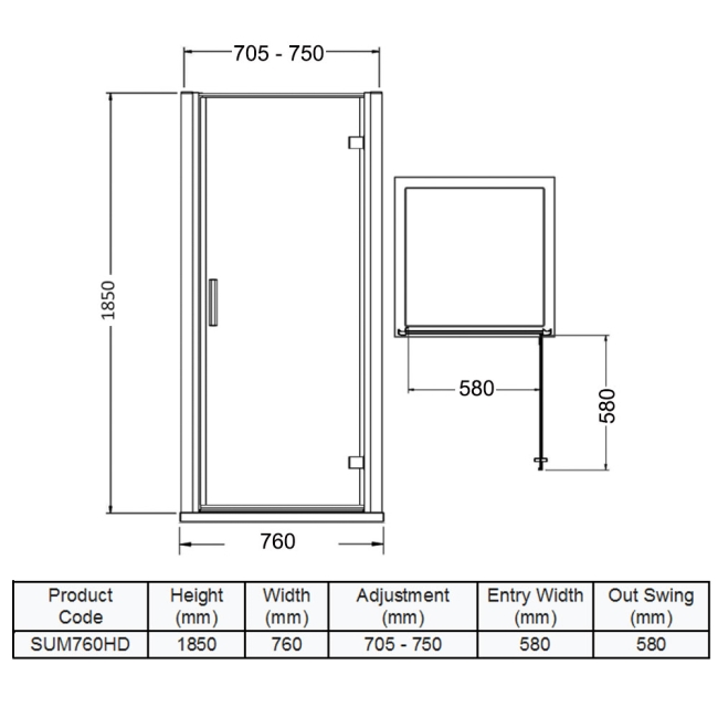 Delphi Advantage Hinged Shower Door 760mm Wide - 6mm Glass  | Dimension Image