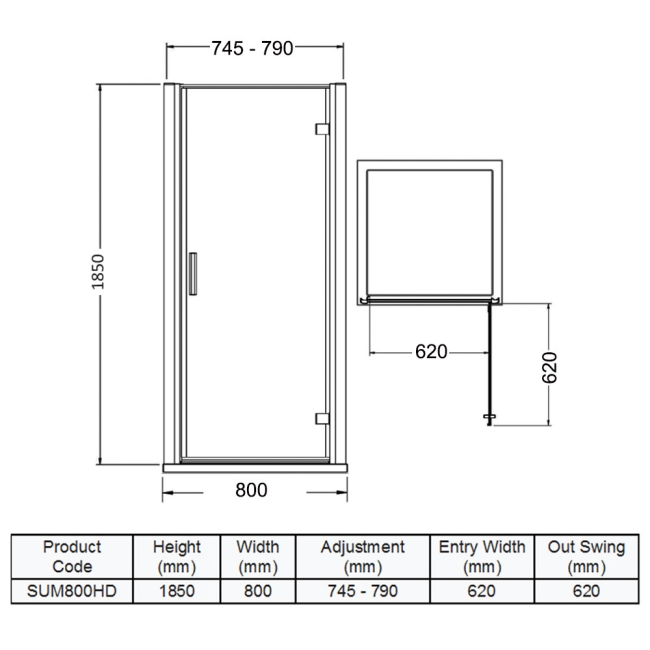 Delphi Advantage Hinged Shower Door 800mm Wide - 6mm Glass  | Dimension Image