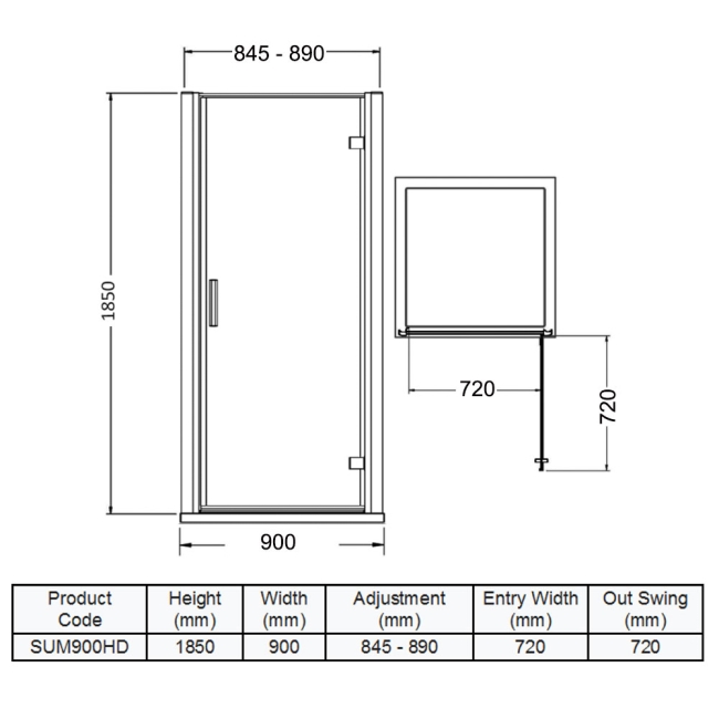 Delphi Advantage Hinged Shower Door 900mm Wide - 6mm Glass  | Dimension Image