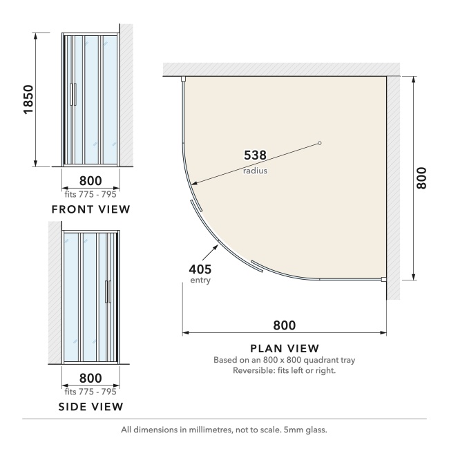 Delphi Alpha Chrome 5mm 2-Door Quadrant Shower Enclosure 800mm x 800mm  | Dimension Image