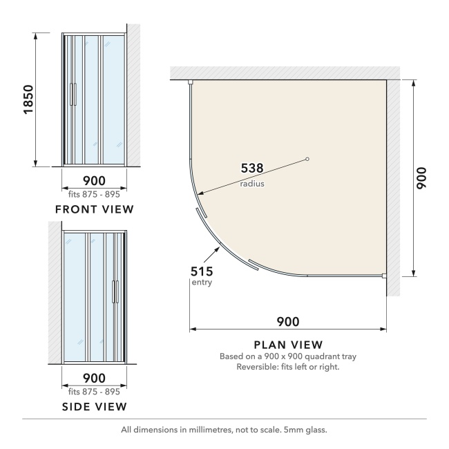 Delphi Alpha Chrome 5mm 2-Door Quadrant Shower Enclosure 900mm x 900mm  | Dimension Image