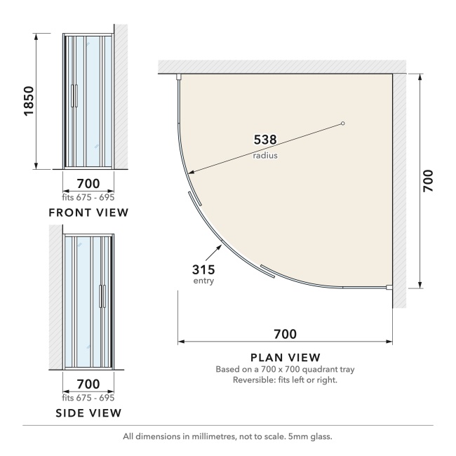 Delphi Alpha Chrome 5mm 2-Door Quadrant Shower Enclosure 700mm x 700mm  | Dimension Image