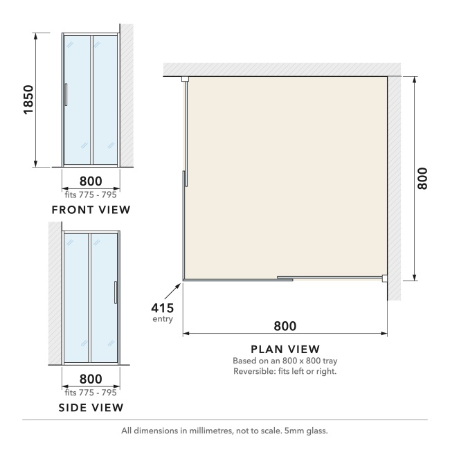 Delphi Alpha Chrome 5mm Corner Entry Shower Enclosure 800mm x 800mm  | Dimension Image