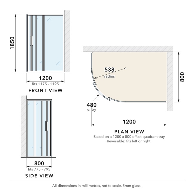 Delphi Alpha Chrome 5mm Offset Quadrant Shower Enclosure 1200mm x 800mm  | Dimension Image