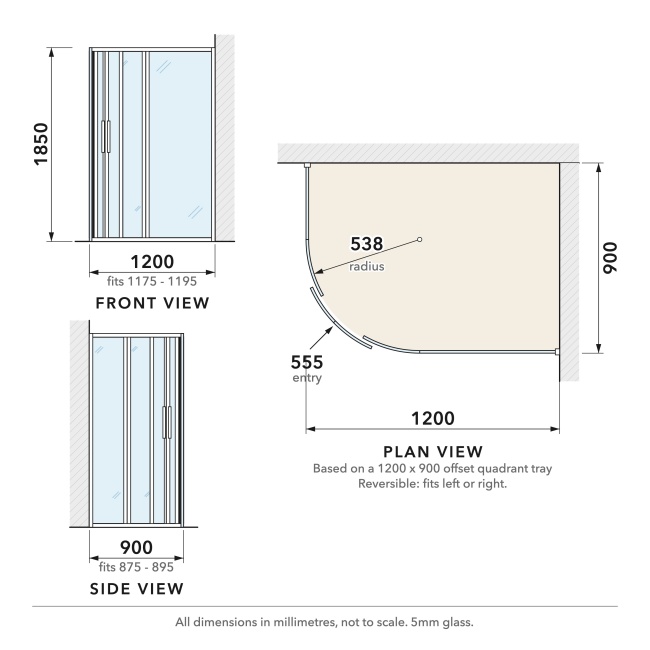Delphi Alpha Chrome 5mm Offset Quadrant Shower Enclosure 1200mm x 900mm  | Dimension Image