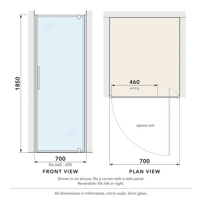 Delphi Alpha Chrome 5mm Pivot Shower Door 700mm Wide  | Dimension Image