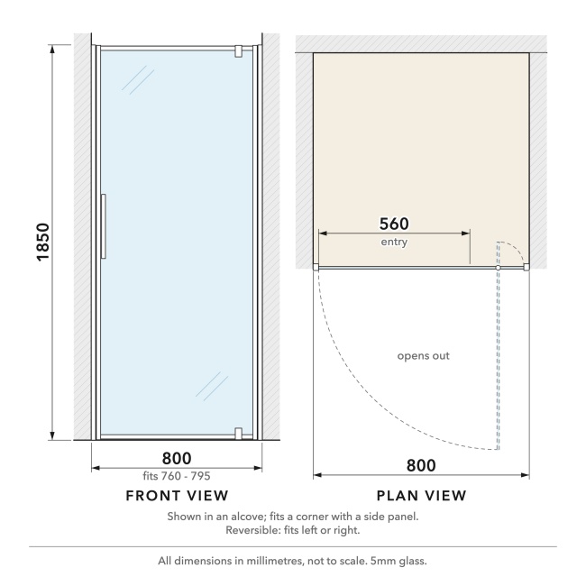 Delphi Alpha Chrome 5mm Pivot Shower Door 800mm Wide  | Dimension Image