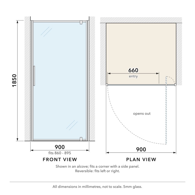 Delphi Alpha Chrome 5mm Pivot Shower Door 900mm Wide  | Dimension Image