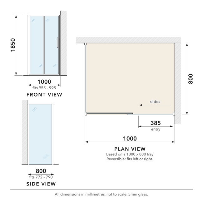Delphi Alpha Chrome 5mm Sliding Door Shower Enclosure 1000mm x 800mm  | Dimension Image