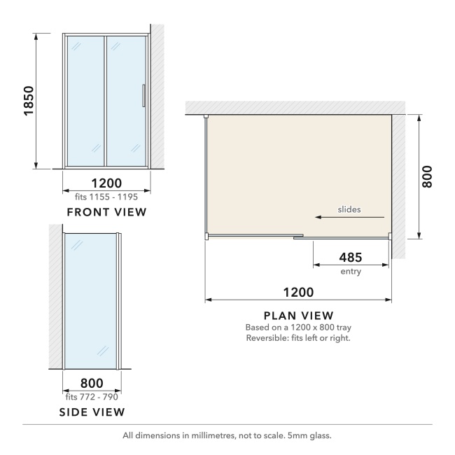 Delphi Alpha Chrome 5mm Sliding Door Shower Enclosure 1200mm x 800mm  | Dimension Image
