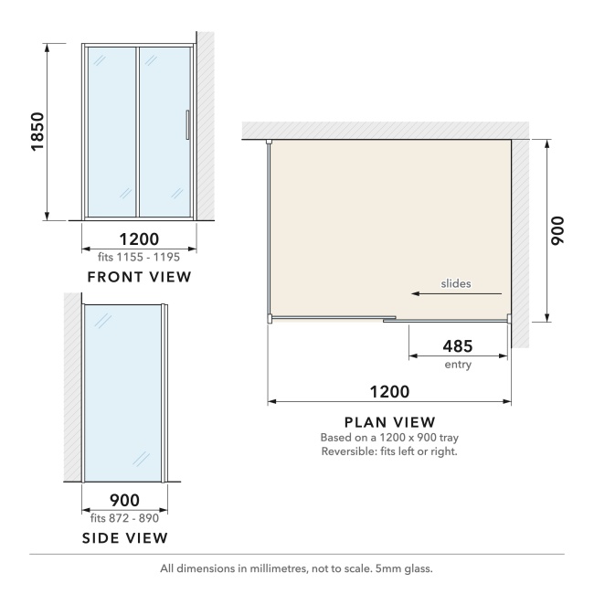Delphi Alpha Chrome 5mm Sliding Door Shower Enclosure 1200mm x 900mm  | Dimension Image