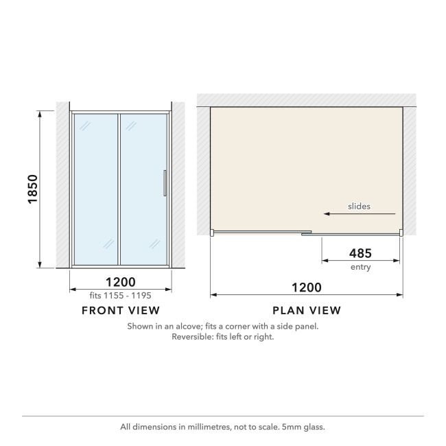 Delphi Alpha Chrome 5mm Sliding Shower Door 1200mm Wide  | Dimension Image