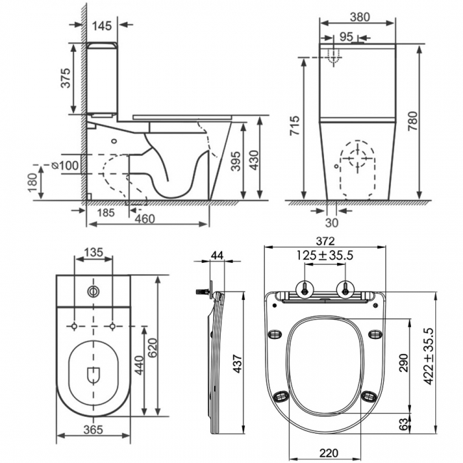 Delphi Angel Rimless Fully Back to Wall Close Coupled Toilet with Push Button Cistern Black - Soft Close Deluxe Seat