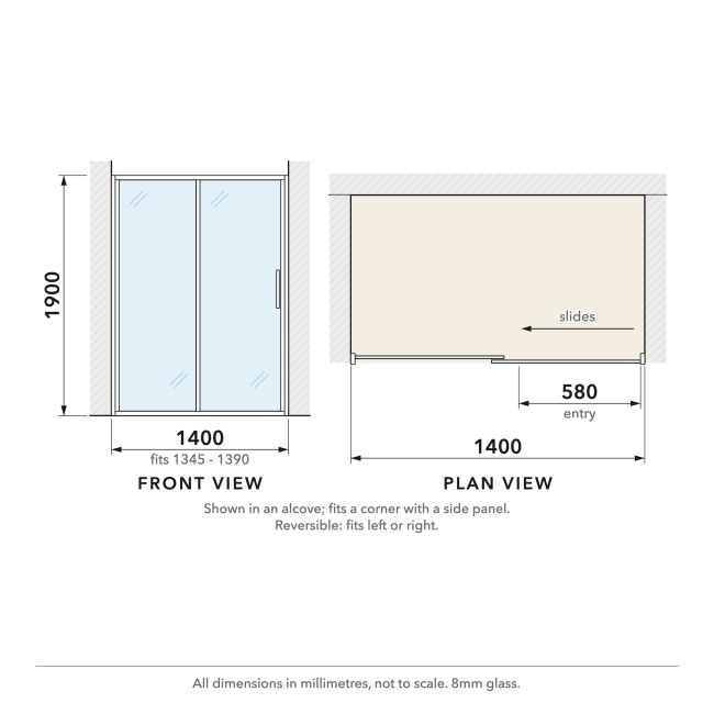 Delphi Apollo Brushed Brass 8mm Sliding Shower Door 1400mm Wide  | Dimension Image