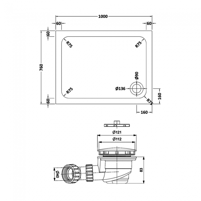 Delphi AquaStone Rectangular Shower Tray 1000mm x 760mm