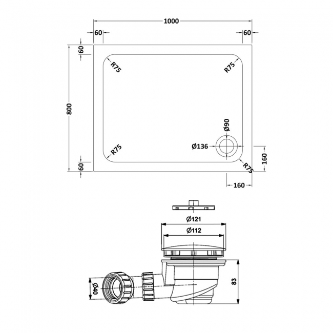 Delphi AquaStone Rectangular Shower Tray 1000mm x 800mm
