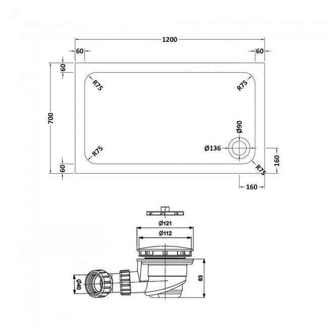 Delphi AquaStone Rectangular Shower Tray 1200mm x 700mm