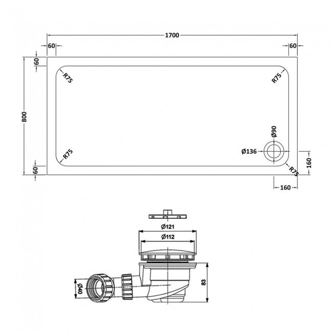 Delphi AquaStone Rectangular Shower Tray 1700mm x 800mm