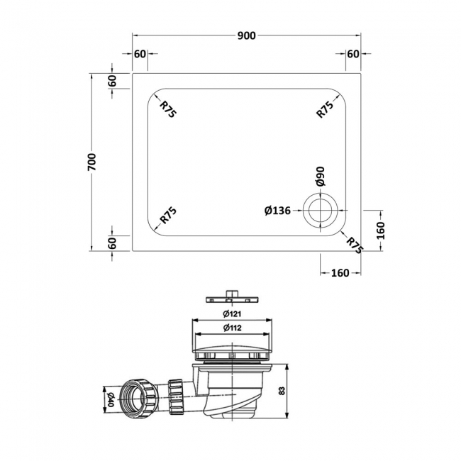 Delphi AquaStone Rectangular Shower Tray 900mm x 700mm