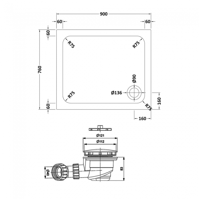 Delphi AquaStone Rectangular Shower Tray 900mm x 760mm