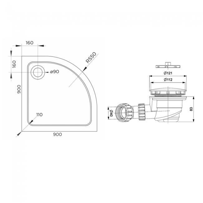 Delphi AquaEdge 2 Upstand Stone Resin Quadrant Shower Tray 900mm x 900mm  | Dimension Image