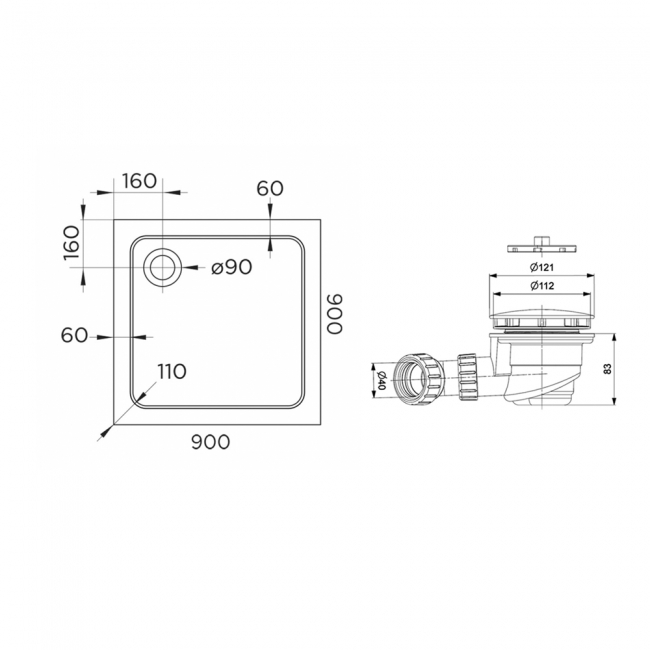 Delphi AquaSafe Anti-Slip Square Shower Tray 900mm x 900mm  | Dimension Image