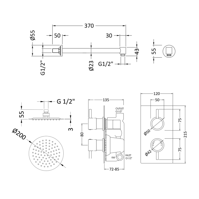 Delphi Atom Chrome Dual Concealed Shower Set with Fixed Head  | Dimension Image