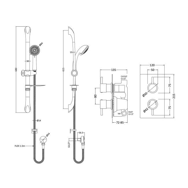 Delphi Atom Chrome Dual Concealed Shower Set with Slide Rail Kit  | Dimension Image