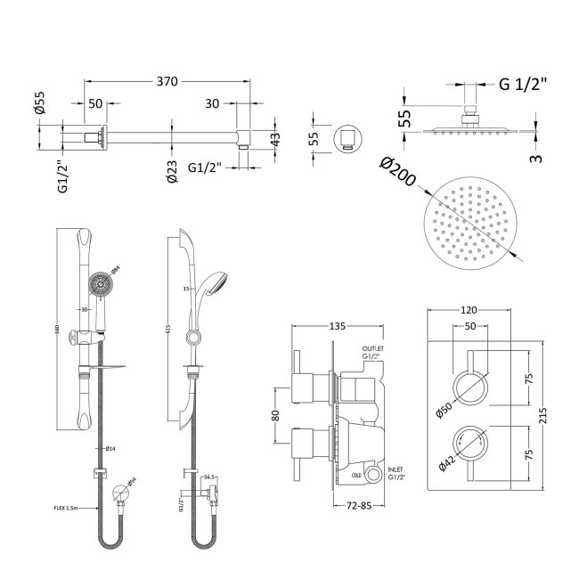 Delphi Atom Chrome Dual Concealed Shower Set with Fixed Head and Slide Rail Kit  | Dimension Image