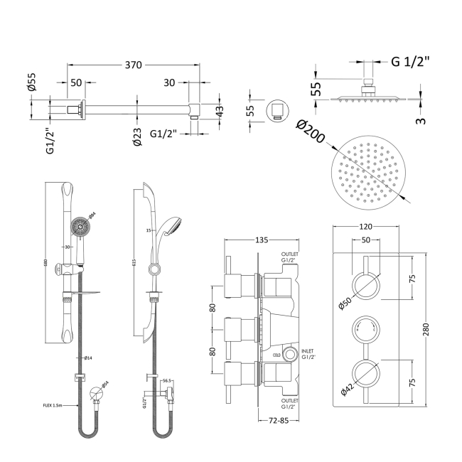 Delphi Atom Chrome Triple Concealed Shower Set with Fixed Head and Slide Rail Kit  | Dimension Image