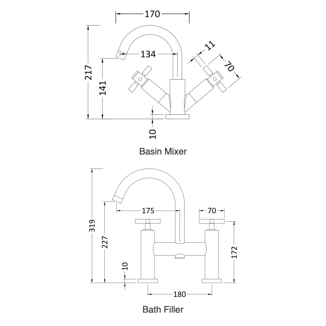 Delphi Axiom Crosshead Chrome Basin Mixer and Bath Filler Tap Set (inc Press Top Waste)  | Dimension Image
