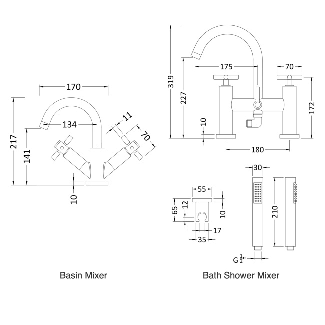 Delphi Axiom Crosshead Chrome Basin Mixer and Bath Shower Mixer Tap Set (inc Shower Kit and Press Top Waste)  | Dimension Image