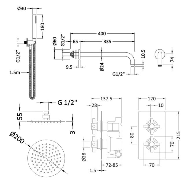 Delphi Axiom Crosshead Brushed Brass Dual Concealed Shower Set with Fixed Head and Handset  | Dimension Image