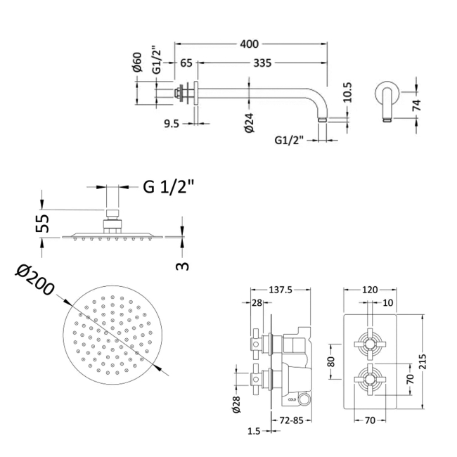 Delphi Axiom Crosshead Chrome Dual Concealed Shower Set with Fixed Head  | Dimension Image