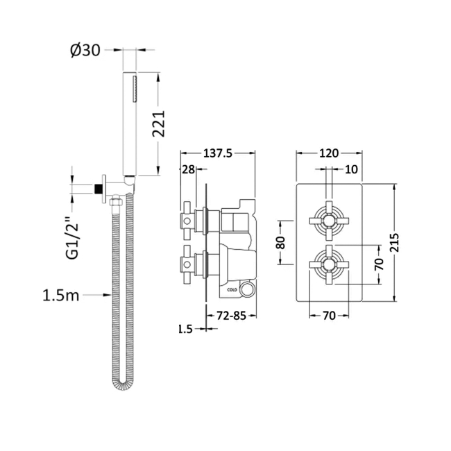 Delphi Axiom Crosshead Chrome Dual Concealed Shower Set with Handset and Bracket  | Dimension Image