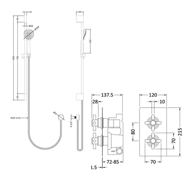 Delphi Axiom Crosshead Chrome Dual Concealed Shower Set with Slide Rail Kit  | Dimension Image
