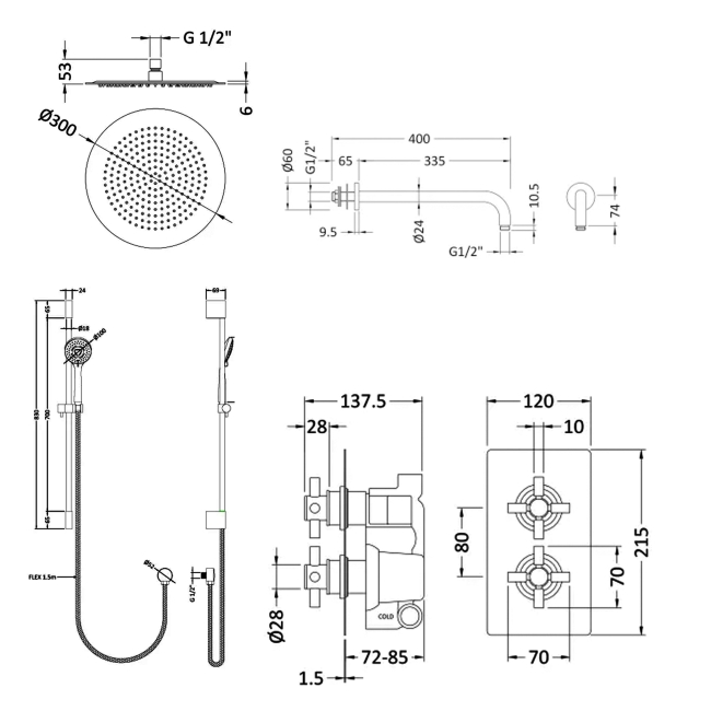 Delphi Axiom Crosshead Chrome Dual Concealed Shower Set with Large Drencher Head and Slide Rail Kit  | Dimension Image