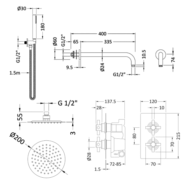 Delphi Axiom Crosshead Matt Black Dual Concealed Shower Set with Fixed Head and Handset  | Dimension Image