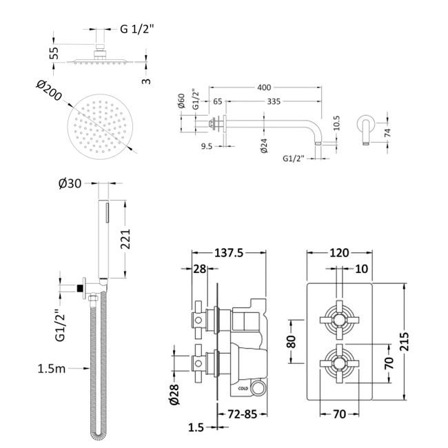 Delphi Axiom Crosshead Chrome Dual Concealed Shower Set with Fixed Head and Handset  | Dimension Image