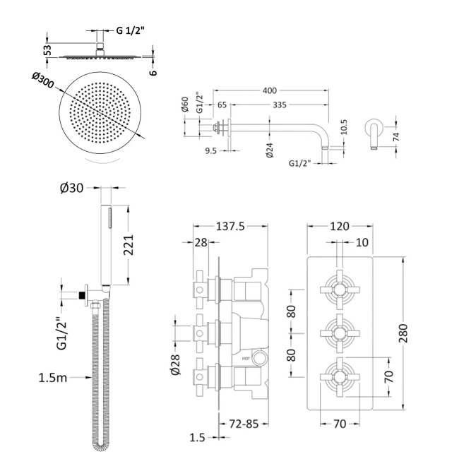Delphi Axiom Crosshead Chrome Triple Concealed Shower Set with Large Drencher Head and Handset  | Dimension Image