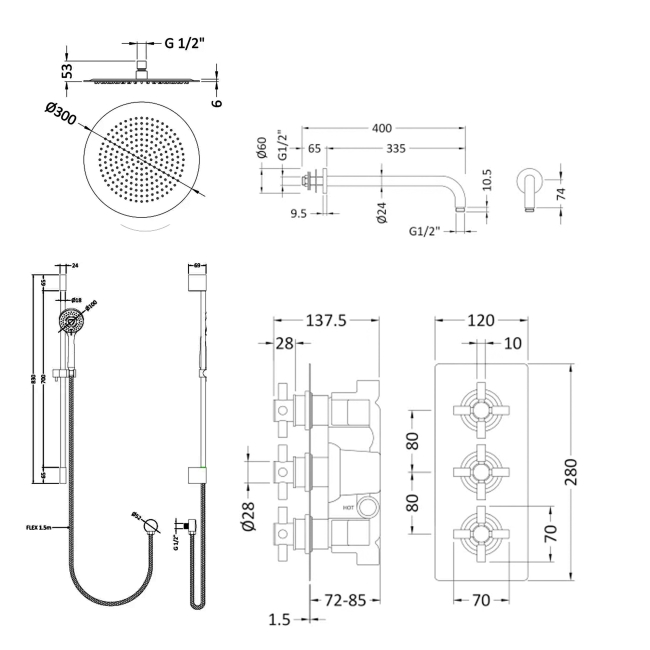 Delphi Axiom Crosshead Chrome Triple Concealed Shower Set with Large Drencher Head and Slide Rail Kit  | Dimension Image