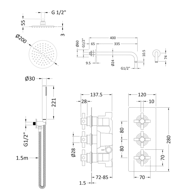 Delphi Axiom Crosshead Chrome Triple Concealed Shower Set with Fixed Head and Handset  | Dimension Image