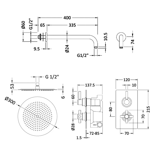 Delphi Axiom Lever Chrome Dual Concealed Shower Set with Large Drencher Head  | Dimension Image