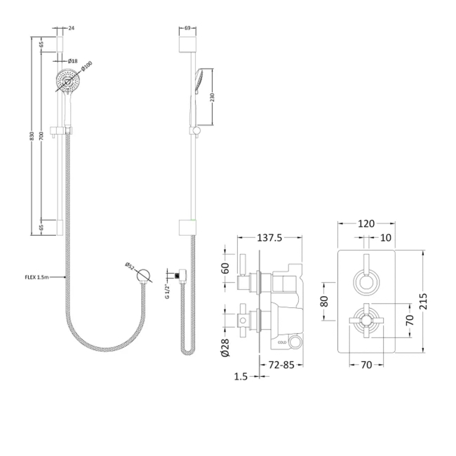 Delphi Axiom Lever Chrome Dual Concealed Shower Set with Slide Rail Kit  | Dimension Image