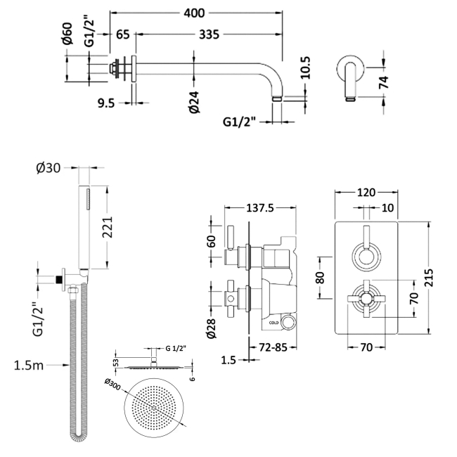 Delphi Axiom Lever Chrome Dual Concealed Shower Set with Large Drencher Head and Handset  | Dimension Image